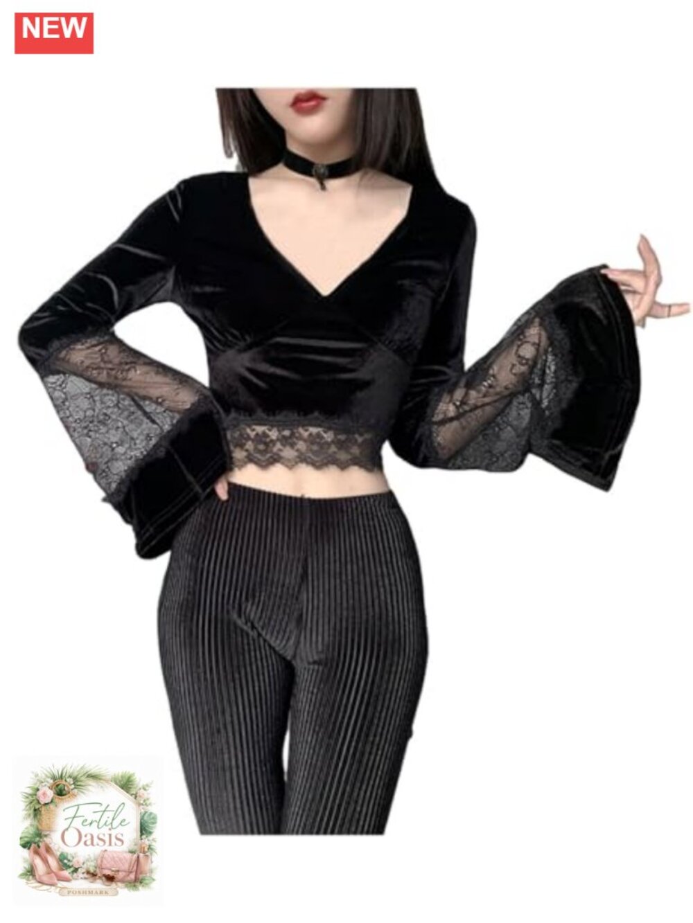 Womens Gothic Velvet Crop Top V Neck Lace Sleeves Witch Punk Harajuku Top